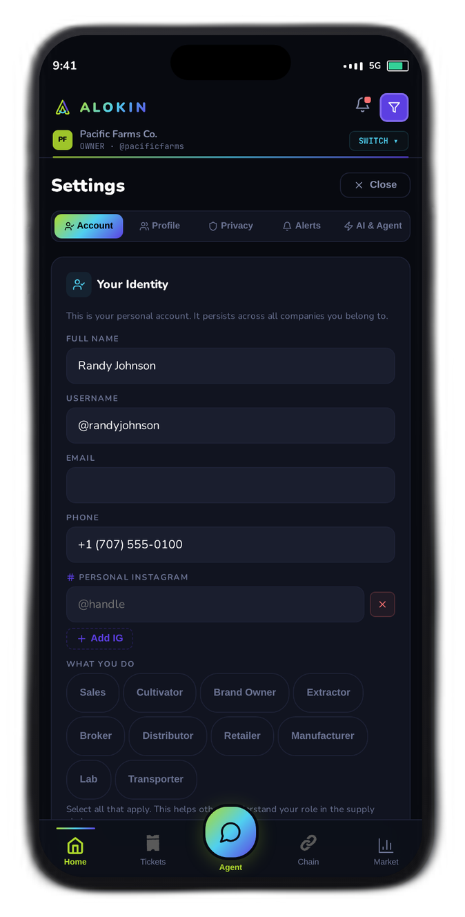 Settings — account identity